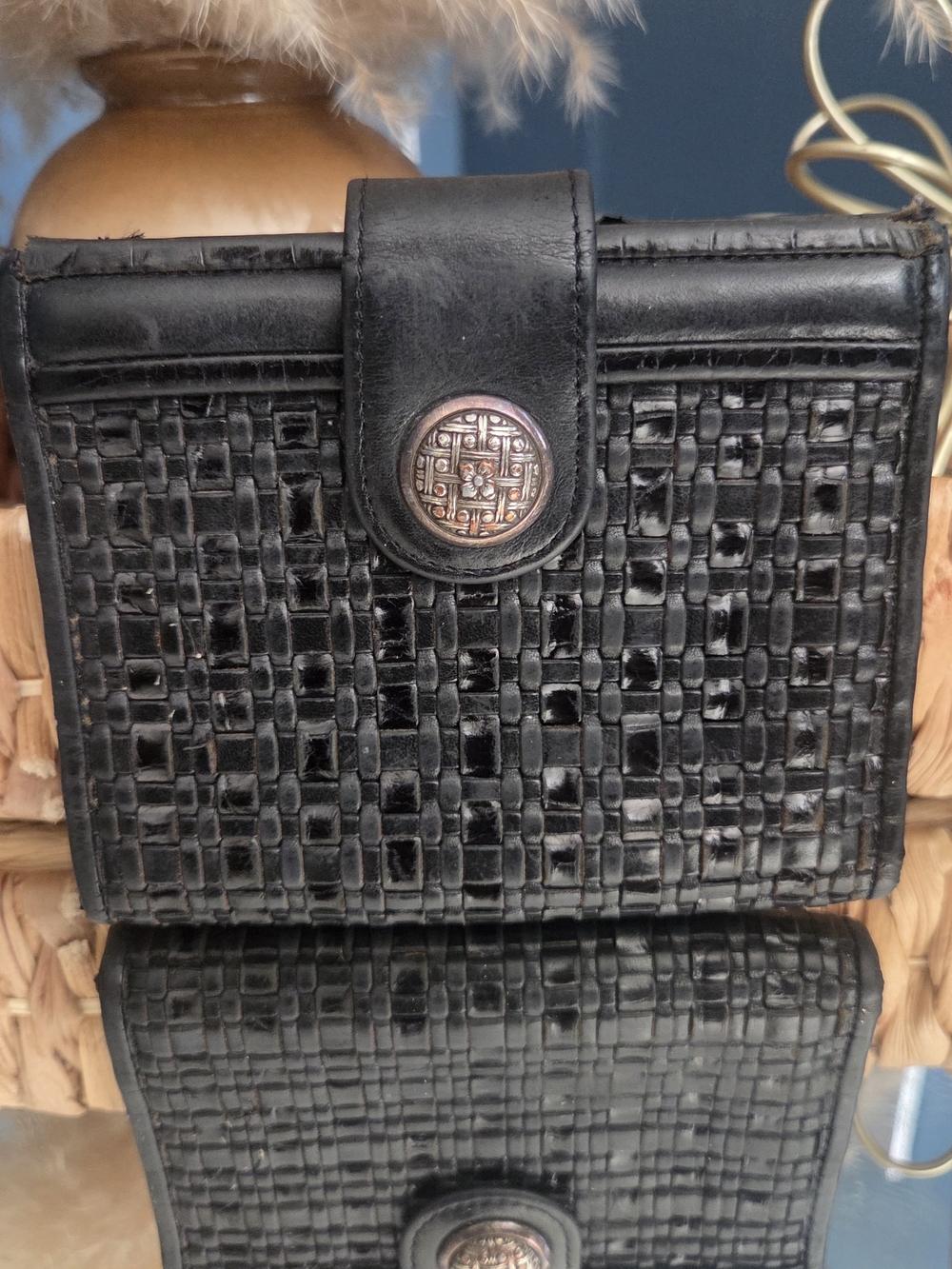 Brighton Black Leather Woven Basketweave Bifold Wallet Silver Hardware